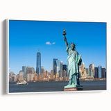 Vintage poster art of the Statue of Liberty in colorful hues on a large framed canvas, ideal for living room decor.
