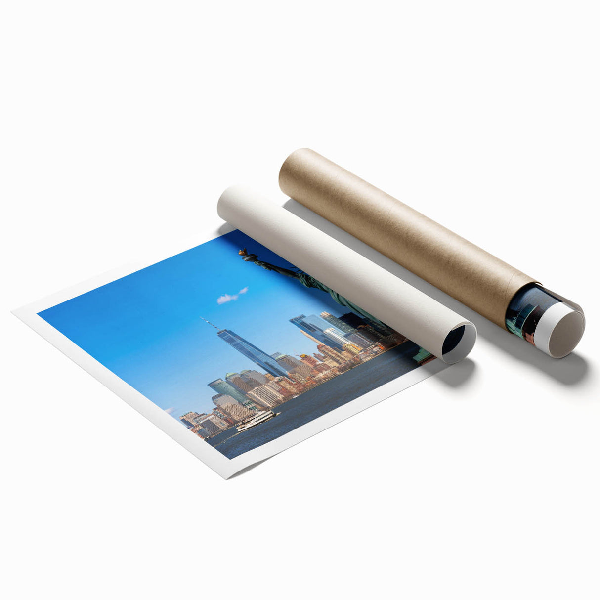 Extra large rolled print of the Statue of Liberty in muted green and blue shades, suitable for classy bathroom wall art.