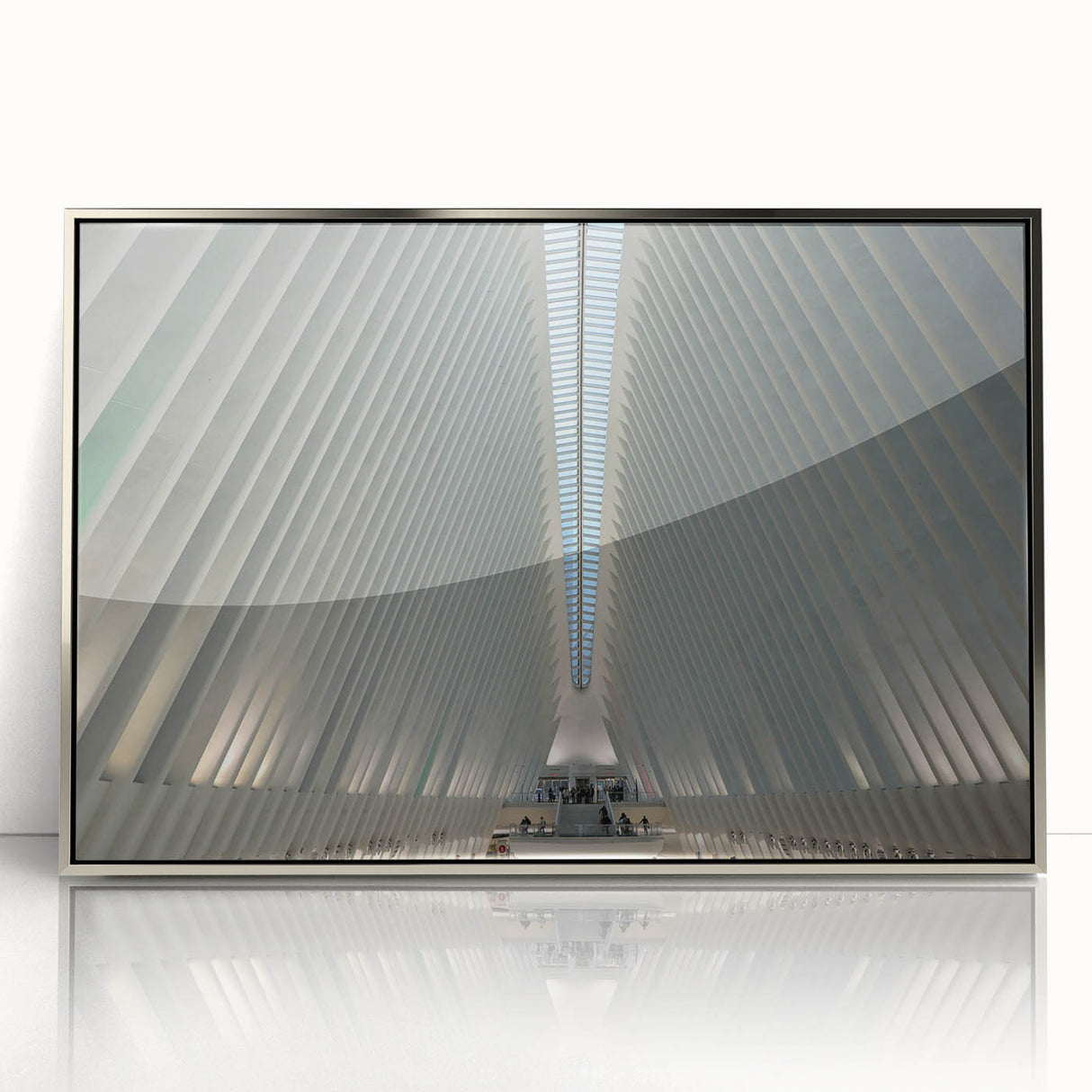 Mid-century modernist art of NYC skyline, acrylic print in silver frame, ideal for modern art wall decor.