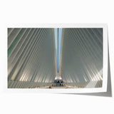Extra large wall art of NYC Trade Center in muted gray tones on a rolled canvas, ideal for art wall dining room.