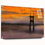 Acrylic print of Portland, Oregon skyline in muted blue and gray tones, suitable for bedroom or dining room decor.