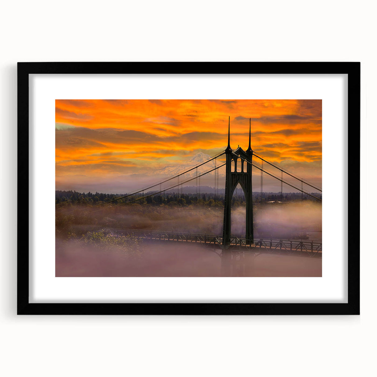 Abstract art print of Portland, Oregon, featuring a vibrant, textured palette on a framed black mat.