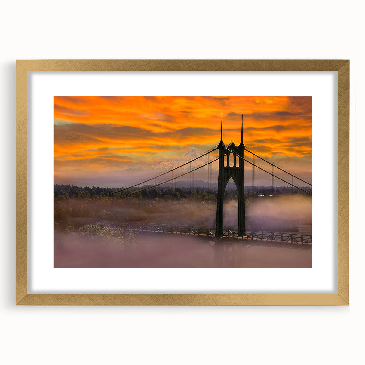 Extra large textured abstract art print of Portland, Oregon in gold frame, ideal for living room decor.