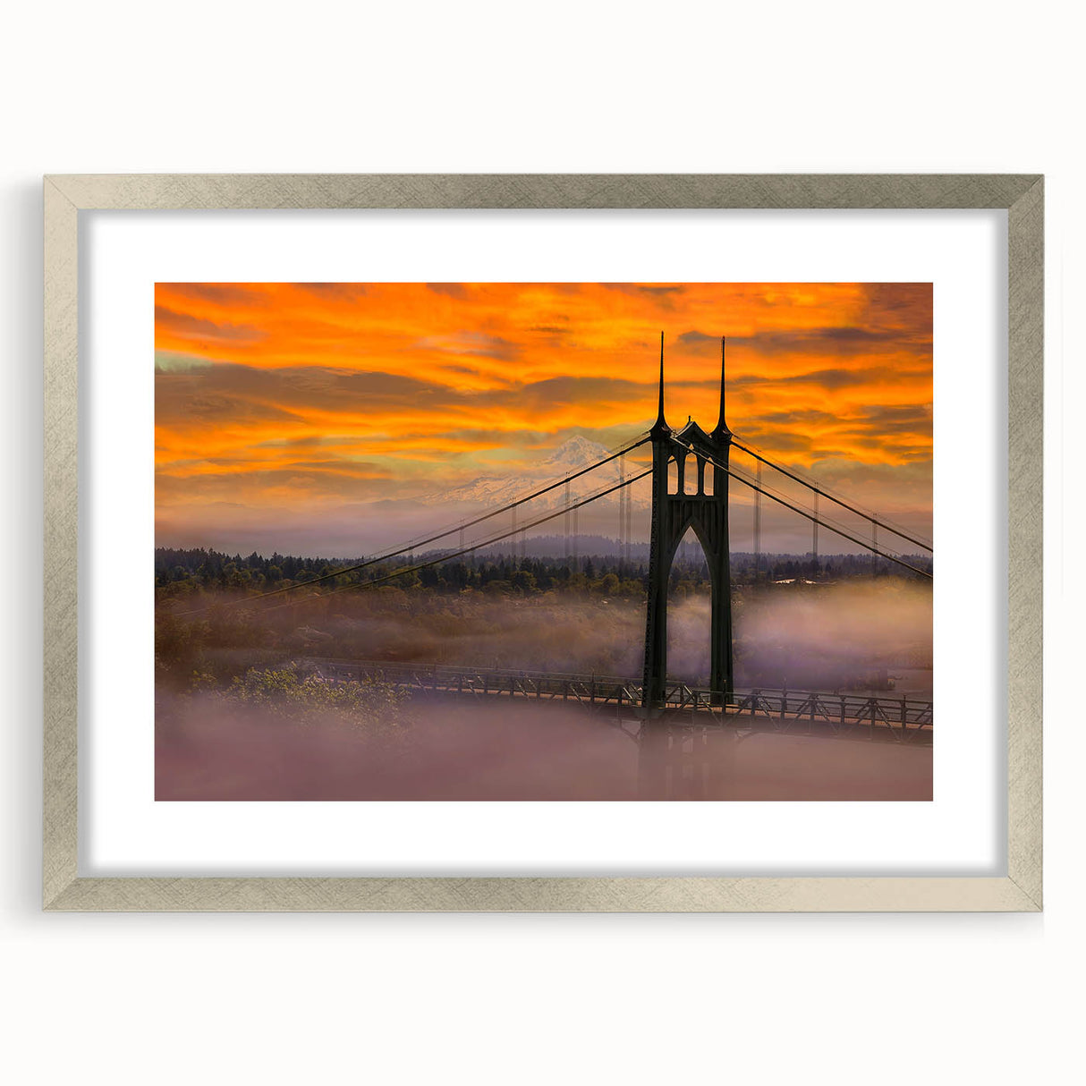 Textured abstract art print of Portland, Oregon, in silver frame with mat, featuring muted earth tones.