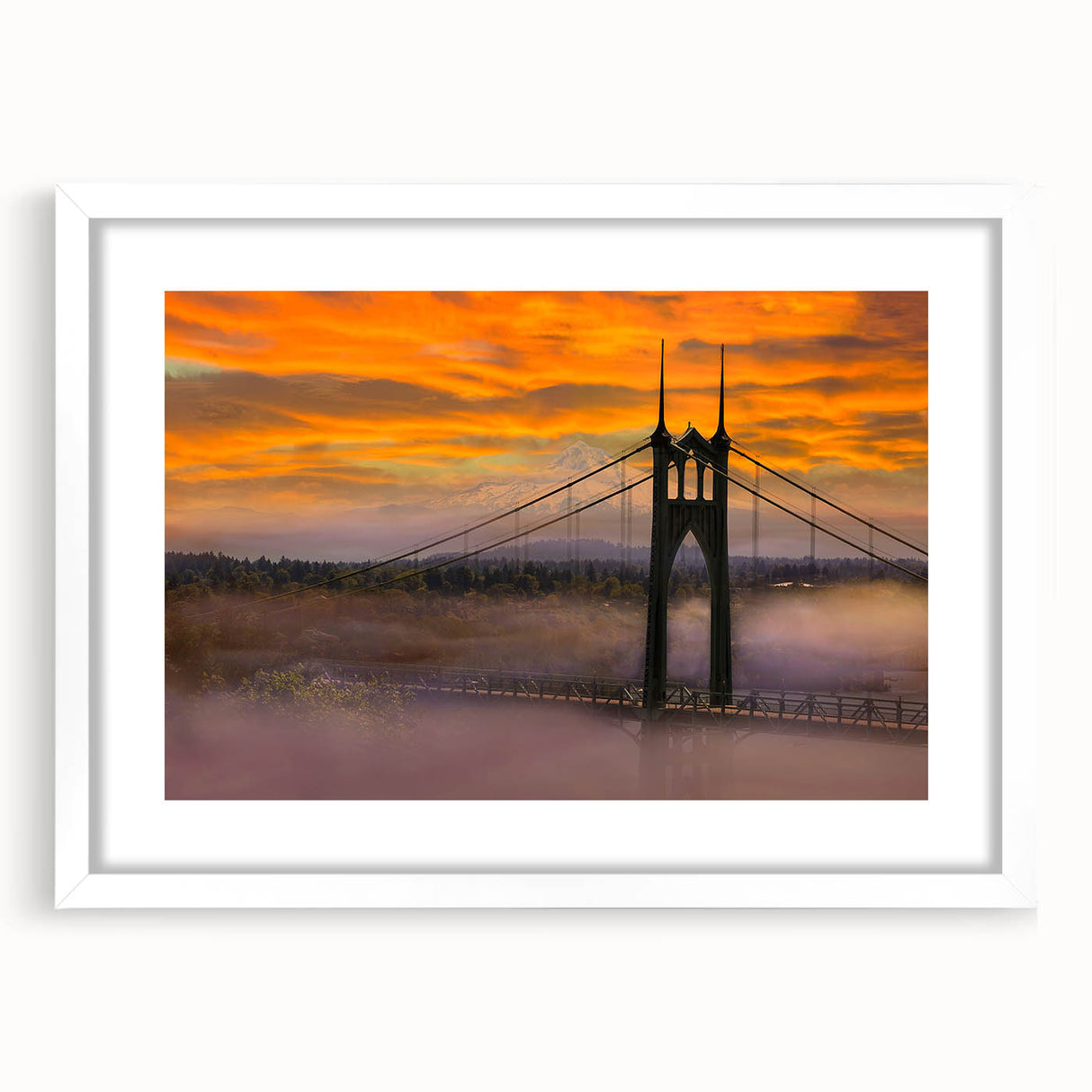 Abstract art print of Portland, Oregon in muted green and blue tones on a white matted frame, ideal for dining room decor.
