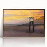 Large art print of Portland, Oregon, depicted in mid-century modernist style with muted earth tones, framed in acrylic.