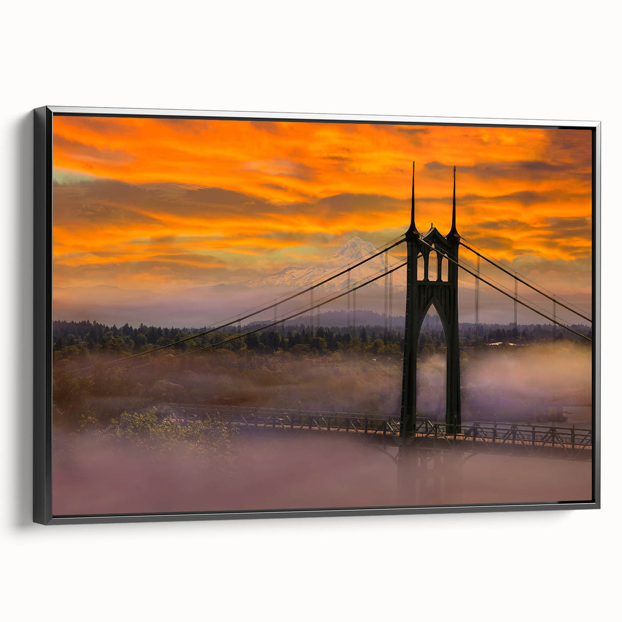 Black and white landscape art painting of Portland, Oregon on framed canvas, suitable for bedroom wall decor.