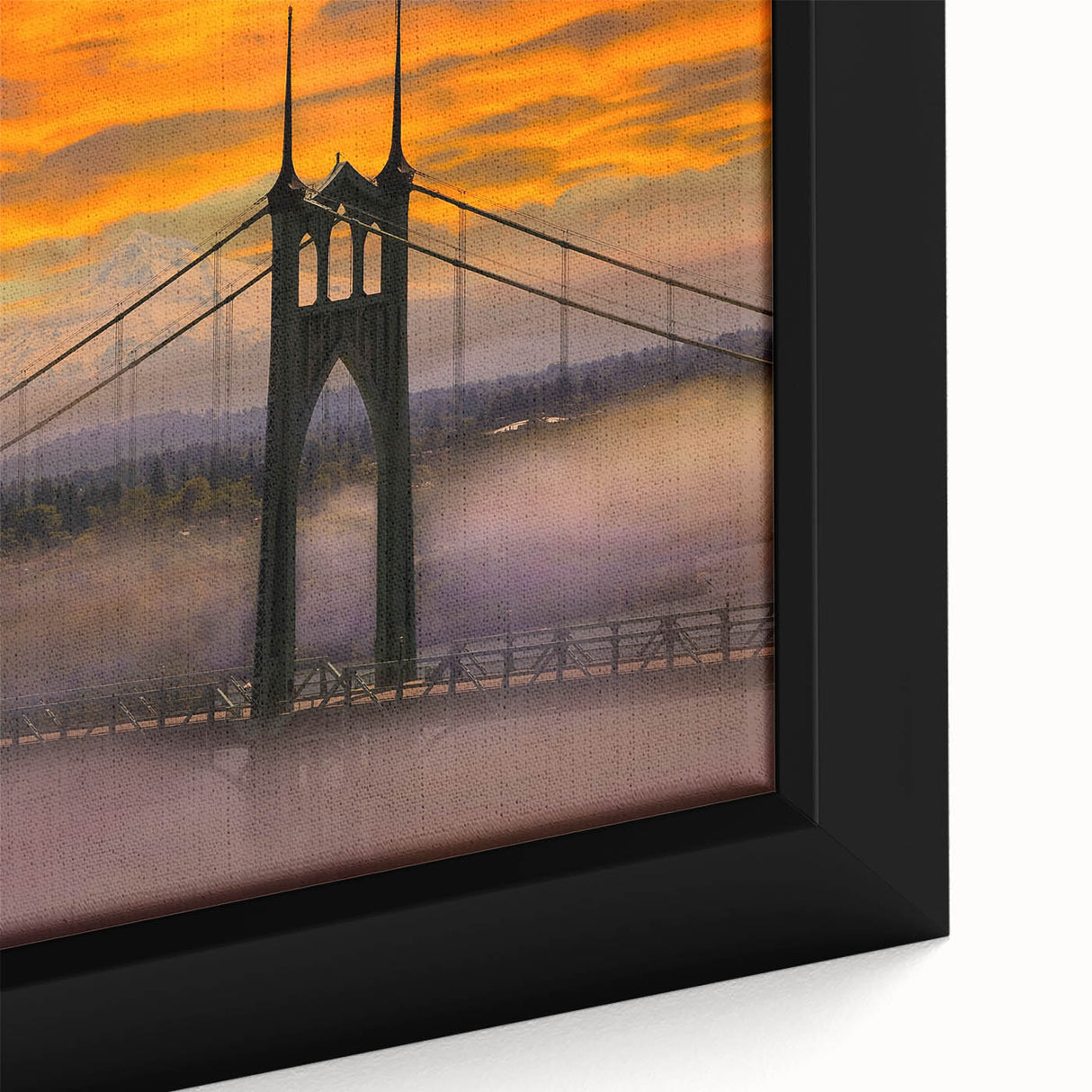 Framed canvas of Portland, Oregon skyline in black with colorful, textured brush strokes, ideal for living room decor.