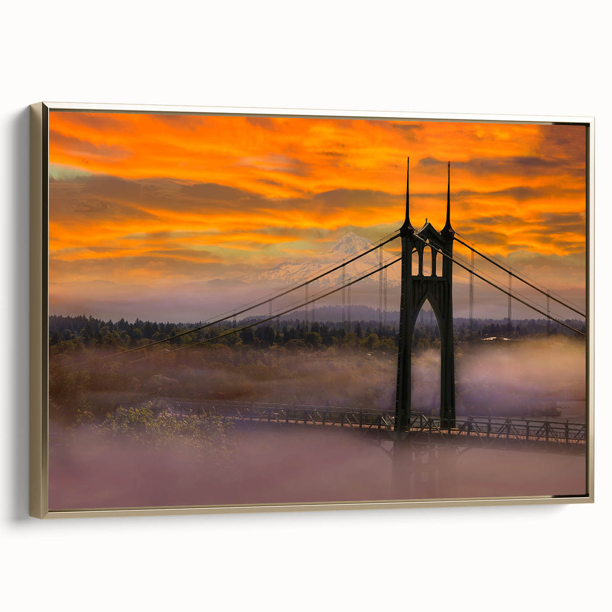 Framed canvas of a vintage-style Portland, Oregon landscape in muted gold and black tones, ideal for bedroom wall art.