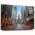 Acrylic print of Philadelphia skyline in muted blue and gray tones, suitable for bedroom or dining room decor.