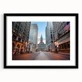 Colorful abstract art print of Philadelphia skyline with textured strokes on a large black-framed canvas.