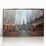 Mid-century modernist Philadelphia skyline depicted in gold and navy hues on a framed acrylic print.