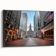 Black and white framed canvas of Philadelphia landscape, vintage poster style, ideal for bedroom wall decor.