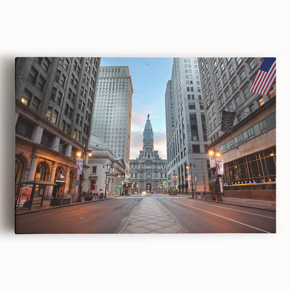 Black and white large art print of Philadelphia skyline on stretched canvas, suitable for kitchen wall art.