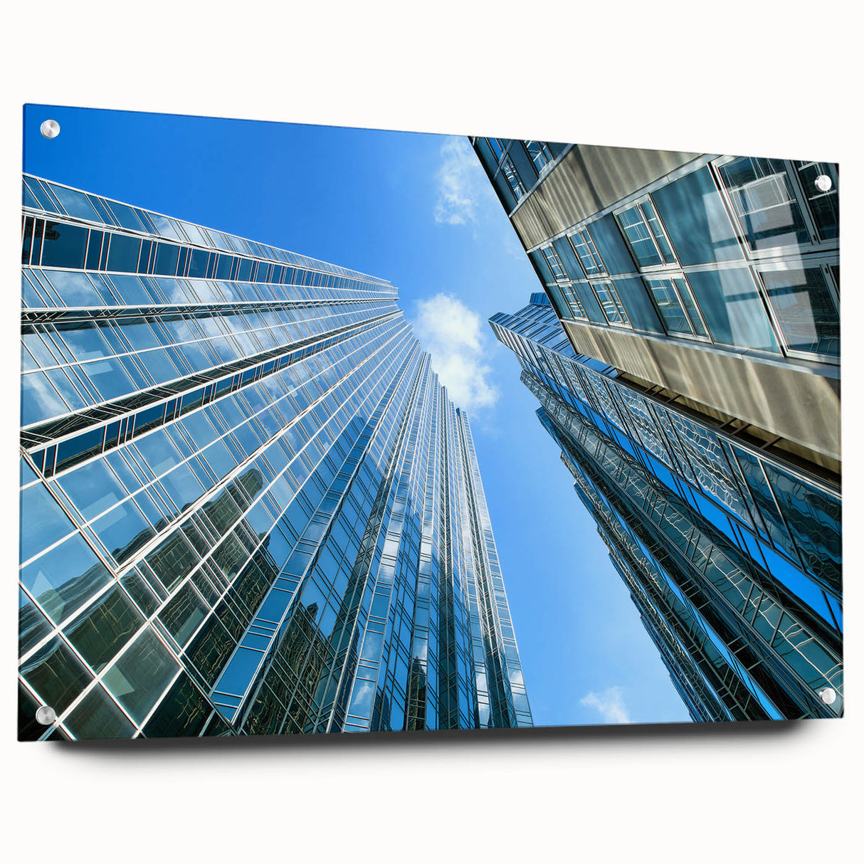 Acrylic print of Pittsburgh skyline in muted gray and blue tones, suitable for bedroom or dining room decor.