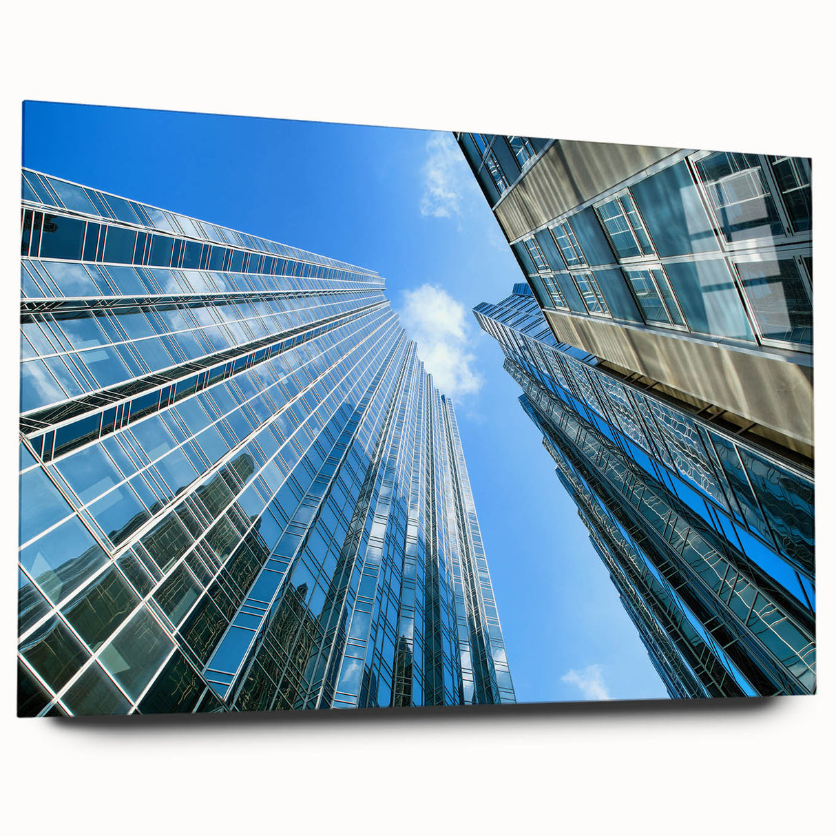 Acrylic print of a large abstract depiction of Pittsburgh skyline in muted blue and gray tones.