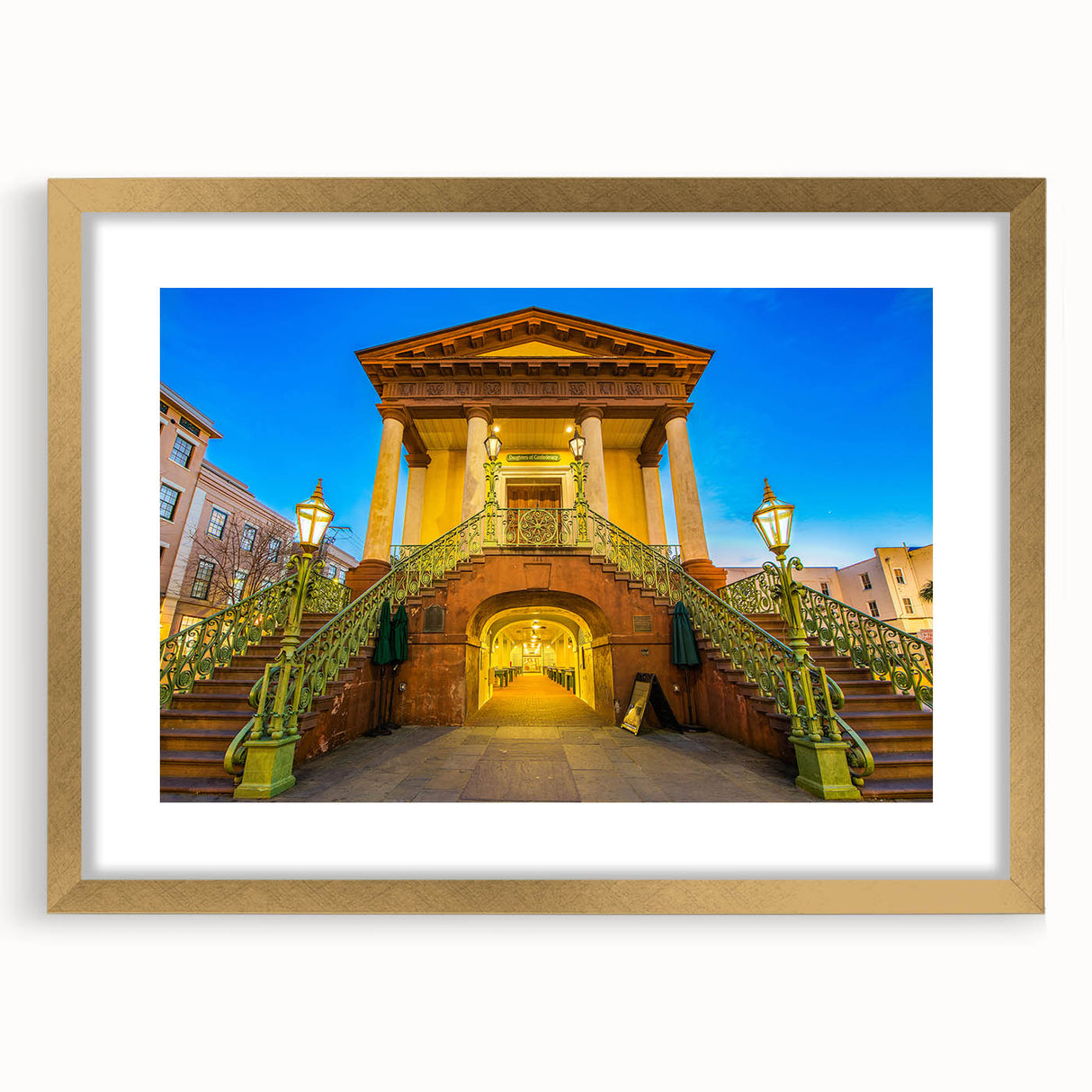 Extra large abstract art print of Charleston, featuring textured brush strokes in muted earth tones on a framed canvas.