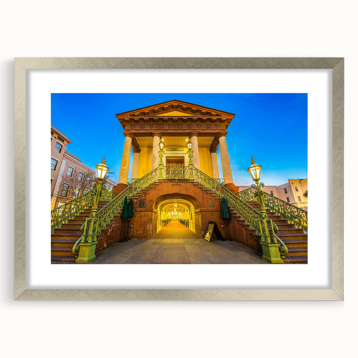 Textured abstract art print of Charleston scenery in muted earth tones on a framed silver mat, ideal for bedroom art.