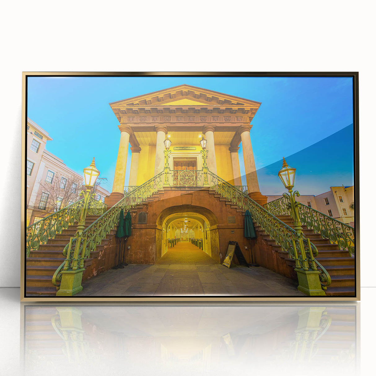 Acrylic print of Charleston, South Carolina scenery in gold frame, featuring mid-century modernist style.