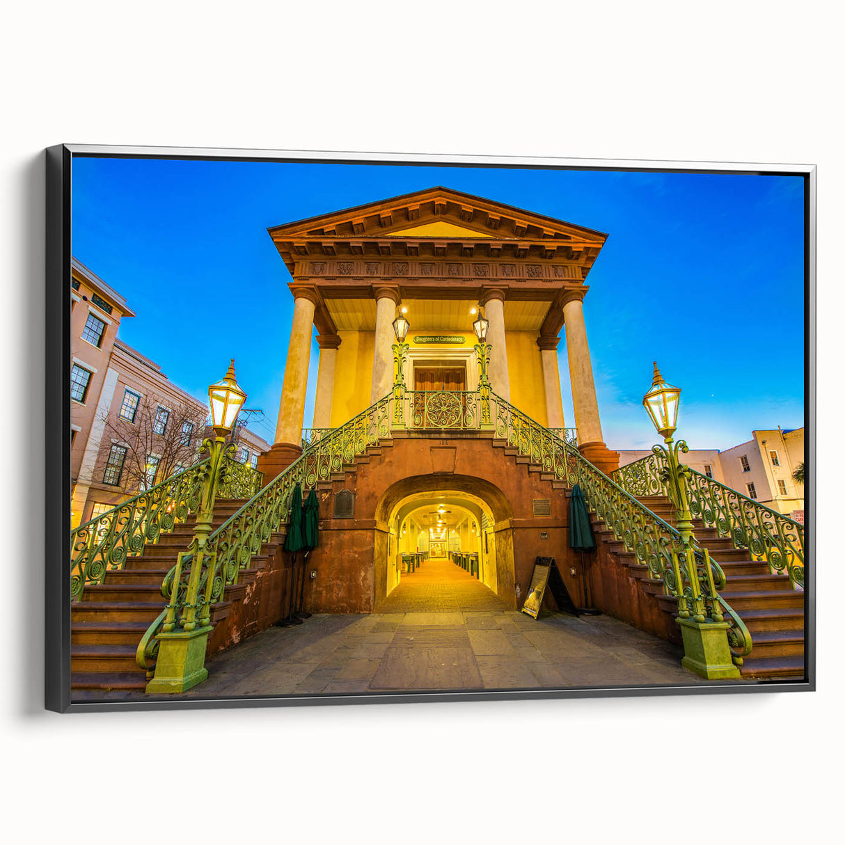 Black and white landscape art painting of Charleston on framed canvas, ideal for bedroom wall decor.