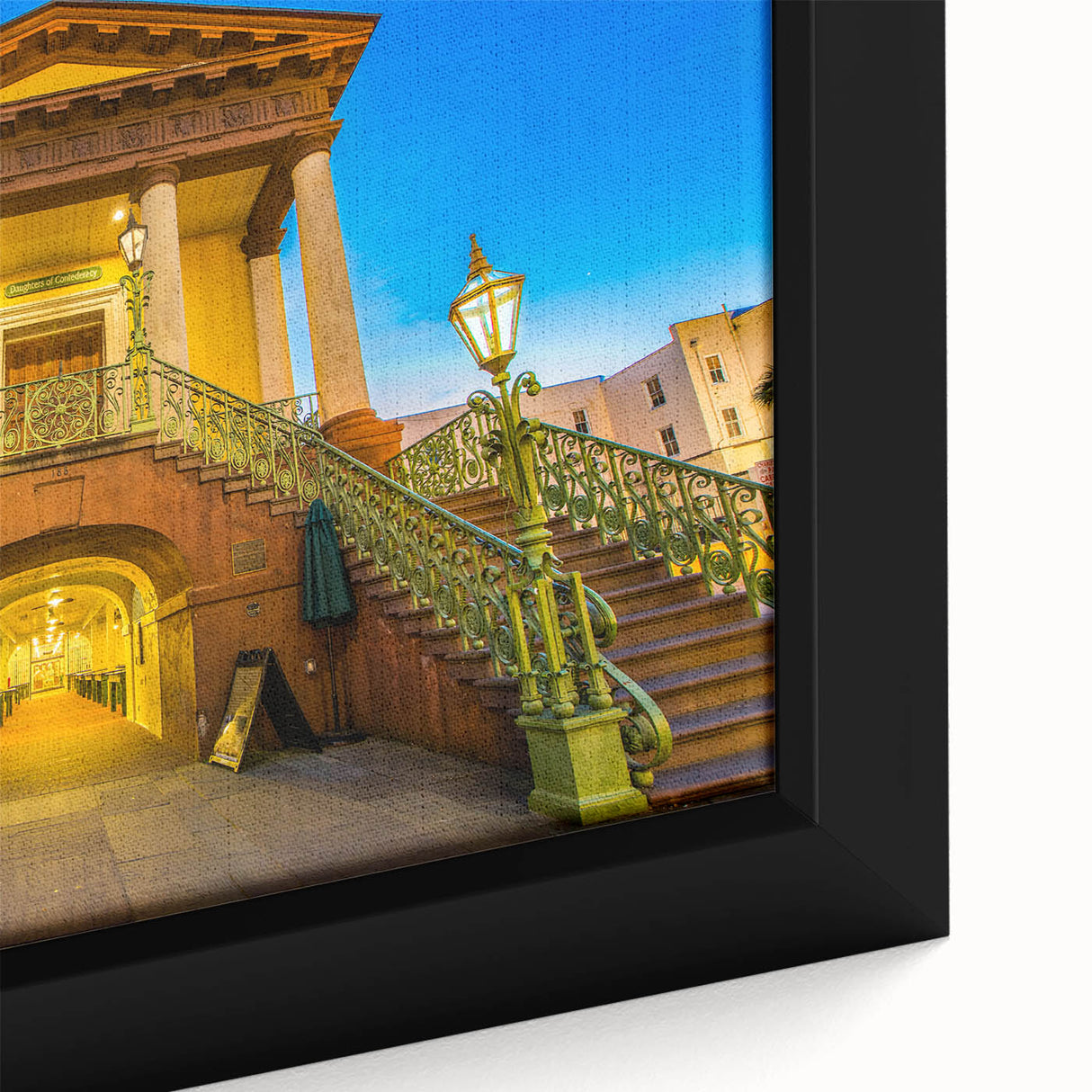 Extra large framed canvas featuring a textured depiction of Charleston, South Carolina, with vibrant.