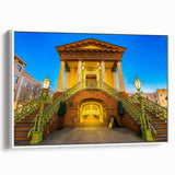 Vintage poster art of Charleston, South Carolina, featuring colorful art on a white framed canvas.