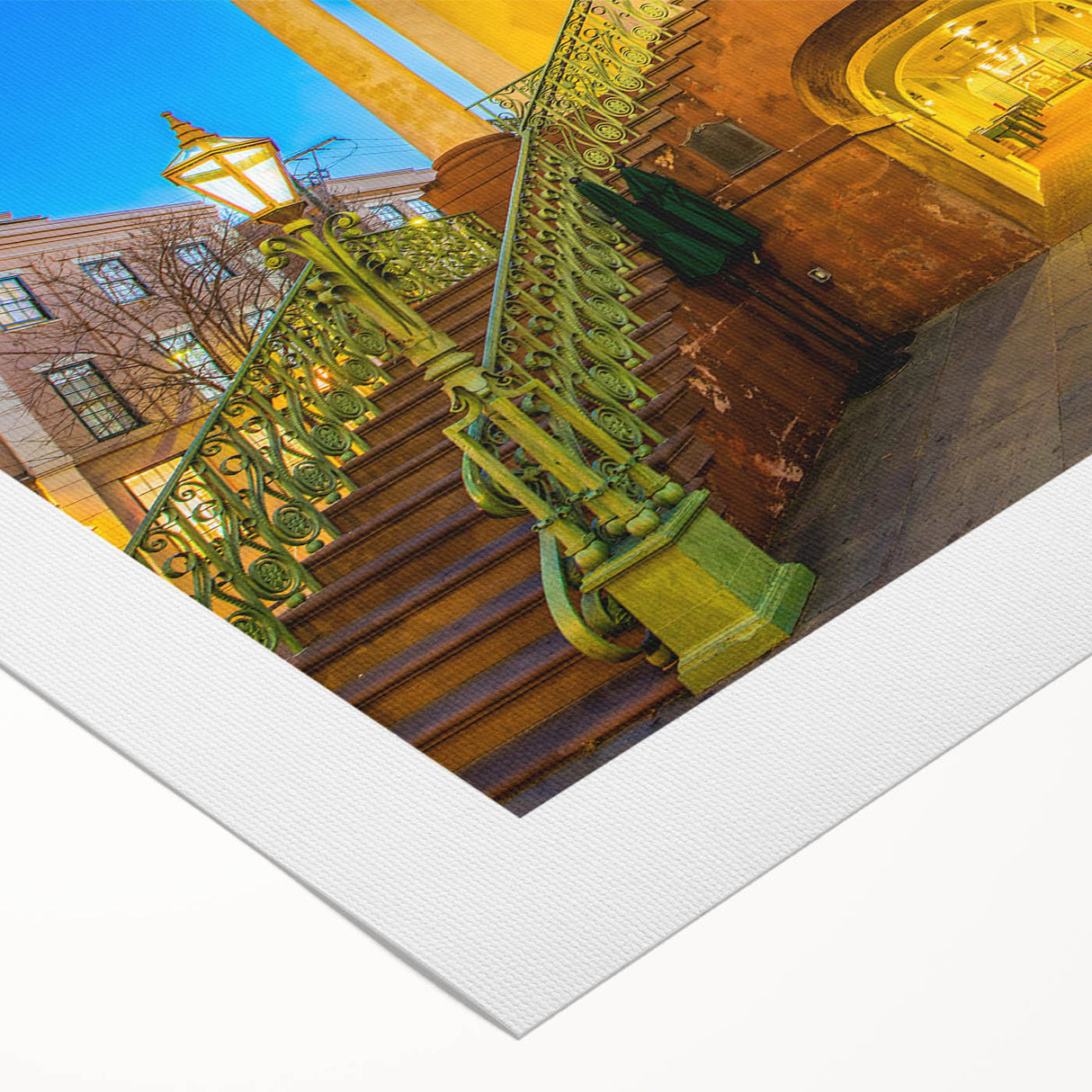 Art deco poster of Charleston, South Carolina, featuring muted pastel shades on rolled canvas.