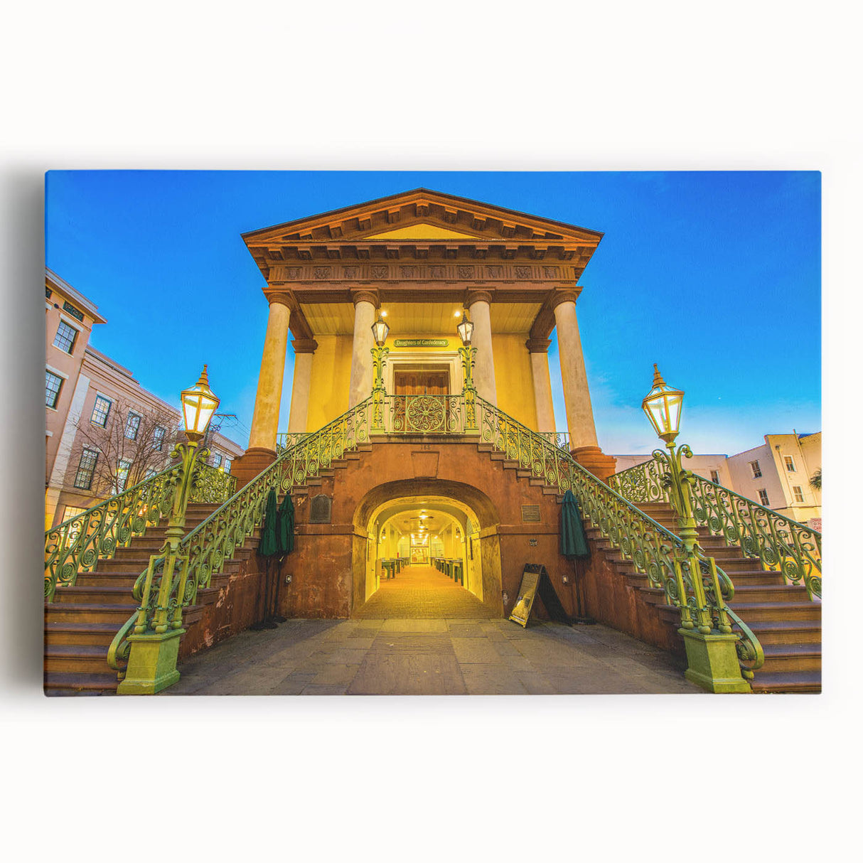 Black and white photo of Charleston scenery on large stretched canvas, ideal for kitchen wall art.