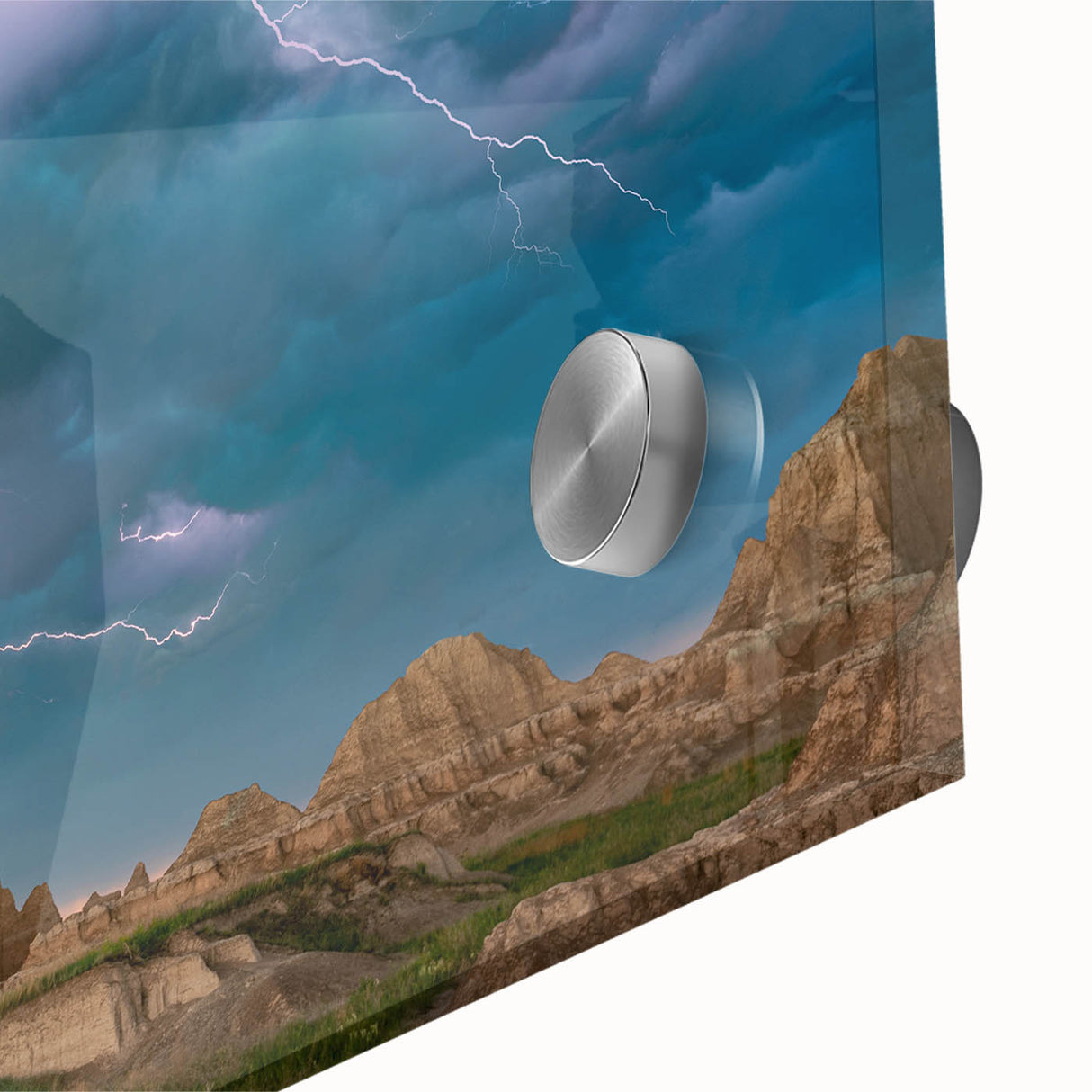 Mid-century modernist large abstract wall art of South Dakota Badlands in muted earth tones on acrylic glass.