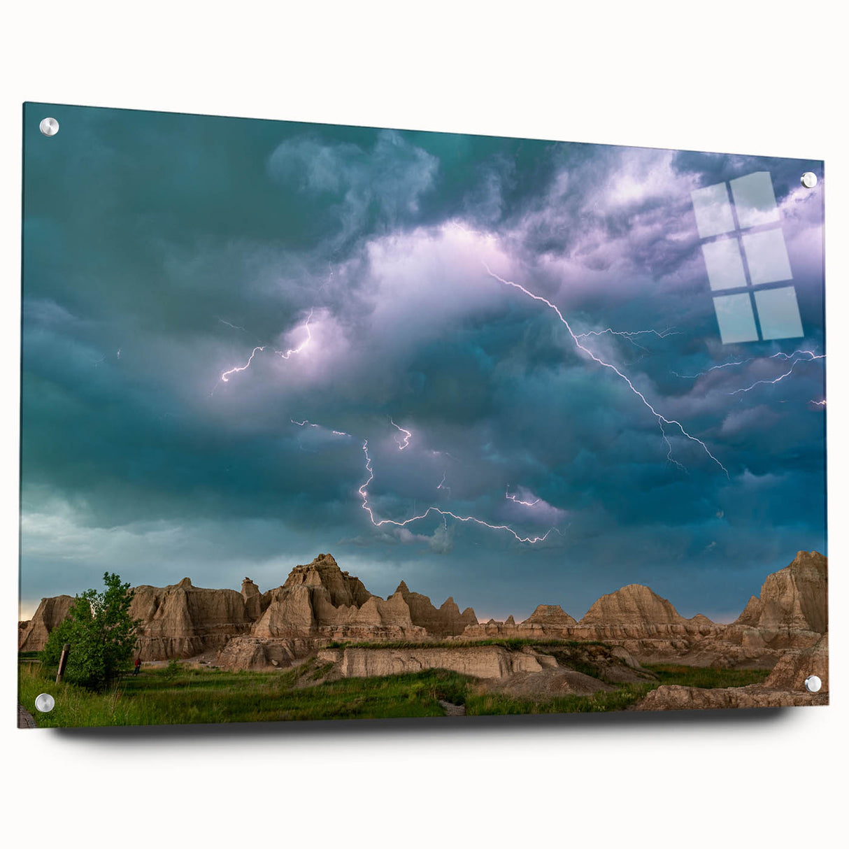 Acrylic print of South Dakota Badlands with layered rock formations in muted earth tones, ideal for dining room art.