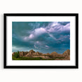 Abstract art print of South Dakota Badlands in vibrant colors on a large framed canvas, suitable for living room decor.
