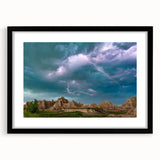 Abstract art print of South Dakota Badlands in vibrant colors on a large framed canvas, suitable for living room decor.