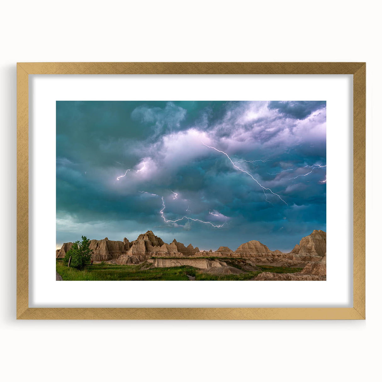 Extra large abstract art print of South Dakota Badlands in gold frame with mat, ideal for living room decor.