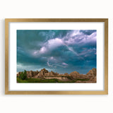 Extra large abstract art print of South Dakota Badlands in gold frame with mat, ideal for living room decor.