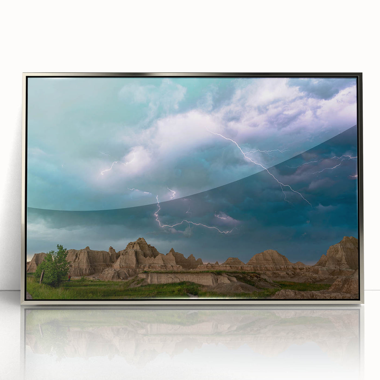Mid-century modernist art of South Dakota Badlands in muted earth tones on a silver-framed acrylic print.