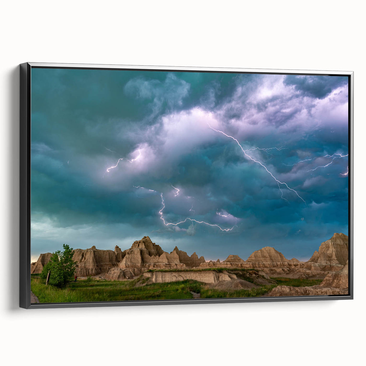 Black and white framed canvas of South Dakota Badlands landscape, ideal for bedroom wall decor.