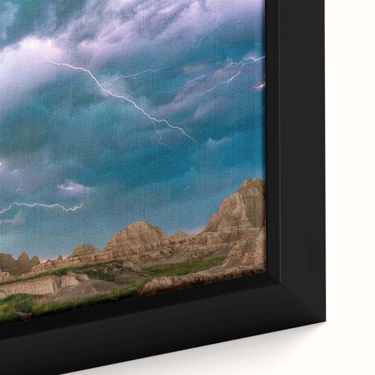 Extra large framed canvas of the South Dakota Badlands in black with colorful textured art, ideal for living room decor.
