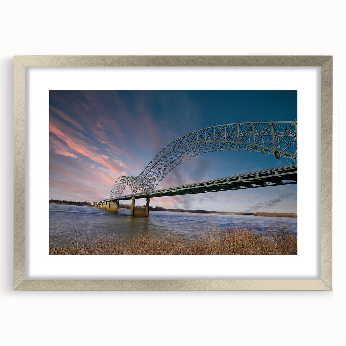 Textured abstract art print of Memphis skyline in muted earth tones on a framed silver mat, suitable for bedroom art.