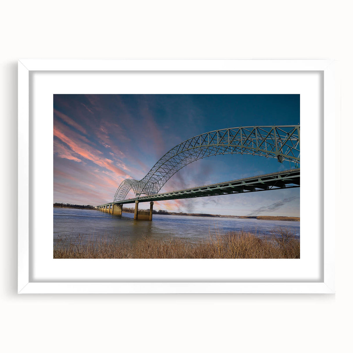Abstract art print of Memphis skyline in muted gray and blue tones on a white framed poster, suitable for dining room decor.