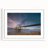 Abstract art print of Memphis skyline in muted gray and blue tones on a white framed poster, suitable for dining room decor.