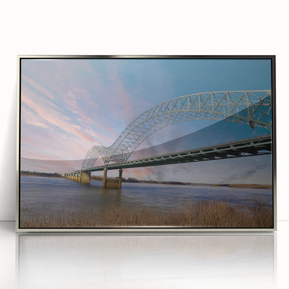 Mid-century modernist art of Memphis skyline in muted gray and blue tones on framed acrylic, ideal for nursery wall art.
