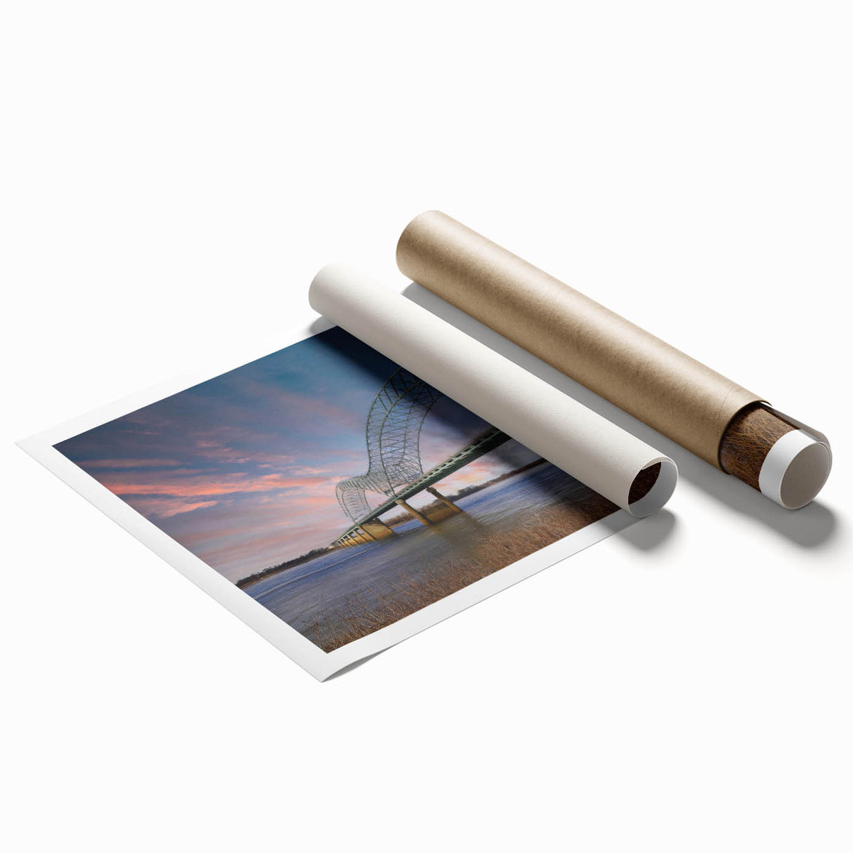Large rolled print of Memphis scenery with soft floral elements in muted colors, suitable for bathroom or living room decor.