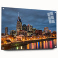 Acrylic print of Nashville skyline in muted gray and blue tones, ideal for dining room art.