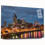 Acrylic print of Nashville skyline in muted gray and blue tones, ideal for dining room art.