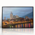 Large abstract wall art depicting Nashville skyline in muted gray tones on framed acrylic.