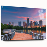 Acrylic print of Austin skyline in muted blues and grays, ideal for dining room art.