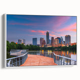 Vintage poster art of Austin, Texas skyline in vibrant colors on a large framed canvas, suitable for living room decor.