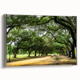 Framed canvas of a vintage-style Houston landscape painting, featuring vibrant colors on a black background.