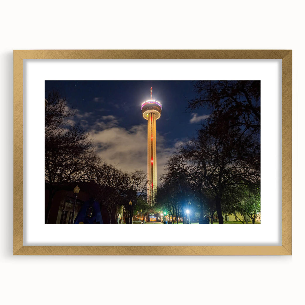 Abstract art print of San Antonio skyline in textured gold frame, ideal for extra large living room wall art.