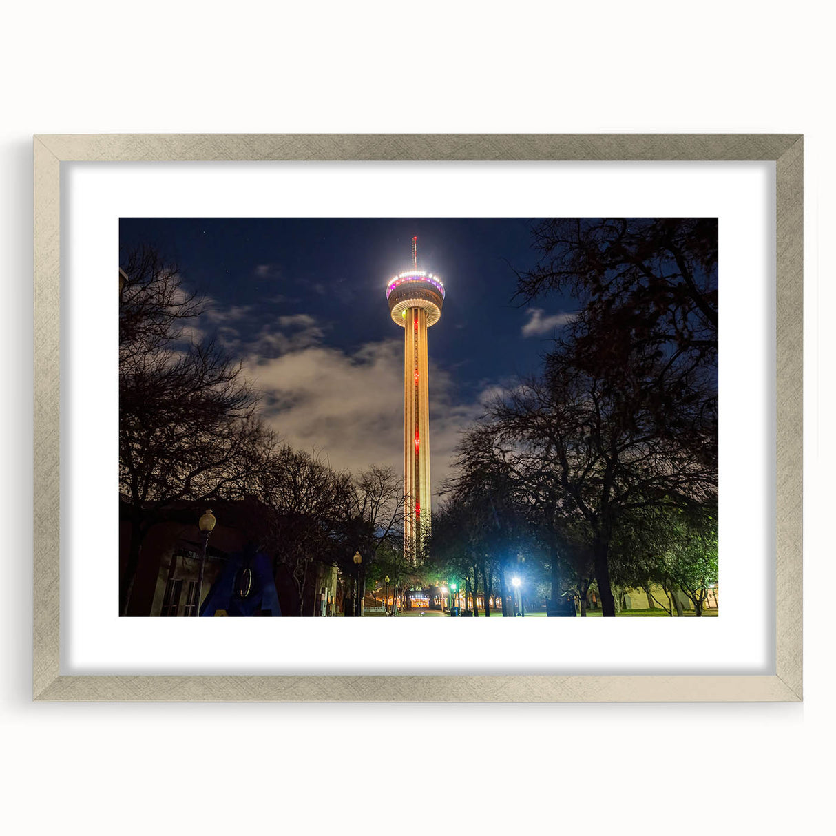 Textured abstract art print of San Antonio skyline in muted earth tones on a framed silver mat, ideal for bedroom art.